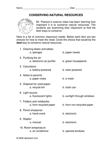 Worksheet: Conserve Natural Resources (elem/upper elem)