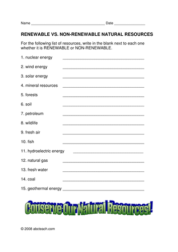Worksheet: Renewable Resources (upper elem) | Teaching Resources