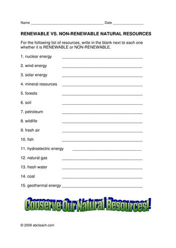 Worksheet: Renewable Resources (upper elem)