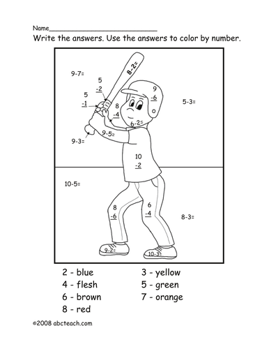 Color by Number Subtraction: Baseball Player (primary/elem)