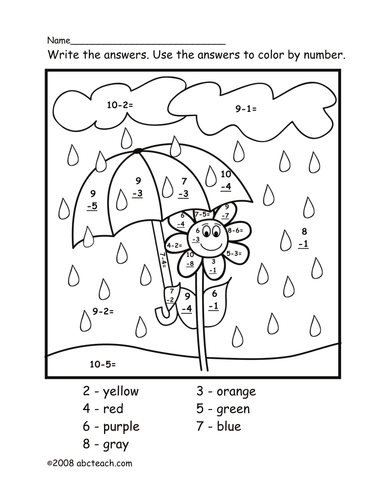 Color by Number Subtraction: April Showers (primary/elem)