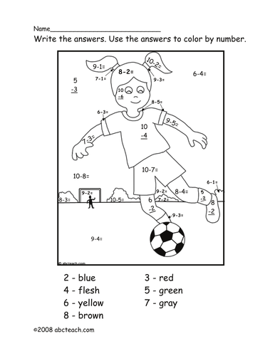 Color by Number Subtraction: Soccer Player (primary/elem)