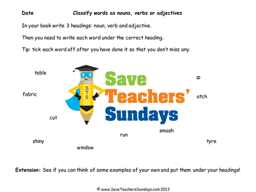 Classifying Words Grammar Worksheets and Lesson Plan