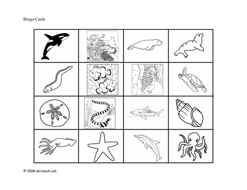 Bingo Cards: Ocean Animals (elem)