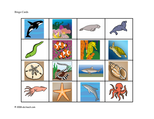 Bingo Cards: Ocean Animals (elem) - color