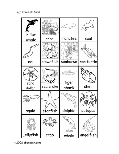 Bingo Cards: Ocean Animals (elem) - check sheet