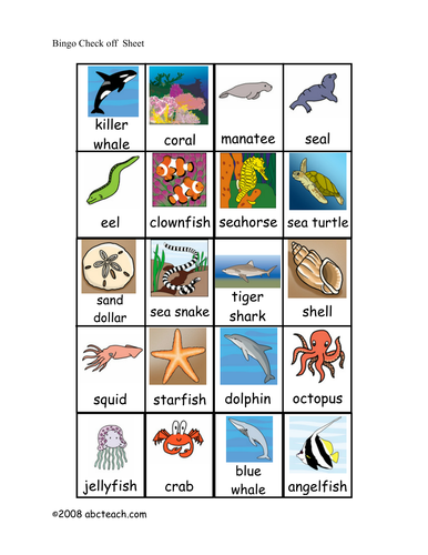 Bingo Cards: Ocean Animals (elem) - check sheet (color)