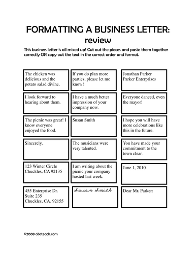 Worksheet: Formatting a Business Letter (upper elem/middle)