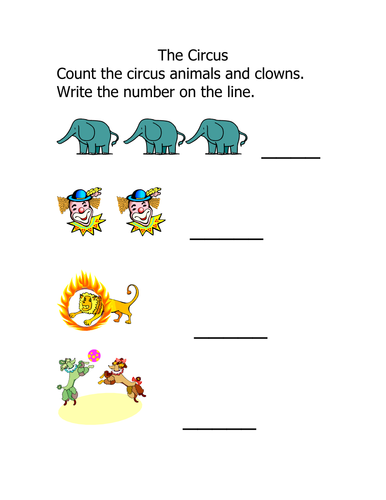 Worksheet: Counting up to 3 (pre-k) -Circus theme