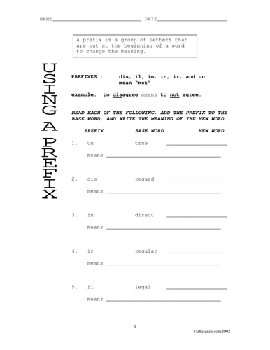 Worksheets: Negative Prefixes (elem/upper elem)