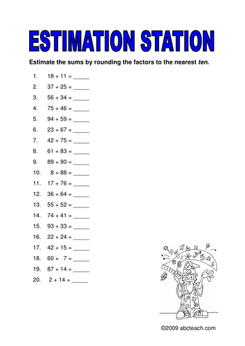 Worksheet: Estimation Station Sums to 10 (upper elem)