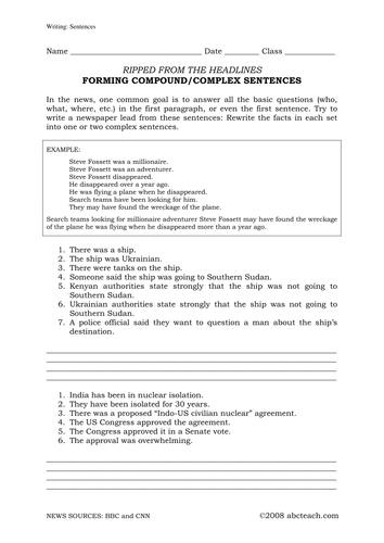 Worksheet: From Complex to Simple Sentences in the News (middle/high)