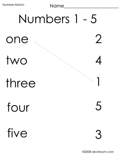 Worksheet: Match the Numbers 1-5 (preschool/primary)-b/w