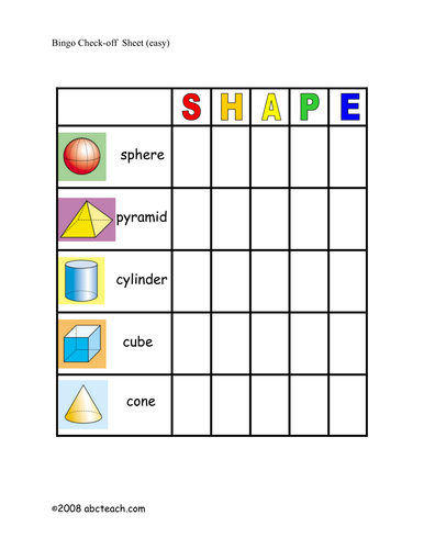 Bingo Cards: Three-Dimensional Shapes (elementary) - check sheet 锟絚olor