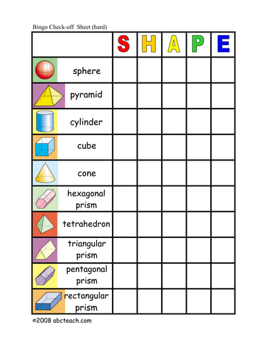 Bingo Cards: Three-Dimensional Shapes (upper elem/middle) - check sheet ...