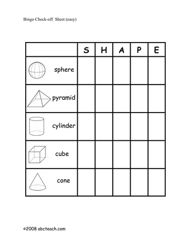 Bingo Cards: Three-Dimensional Shapes (elementary) - check sheet �b/w