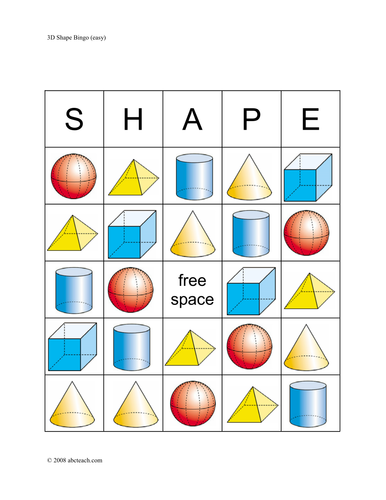 Bingo Cards: Three-Dimensional Shapes (elementary) - color
