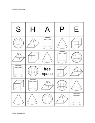 Bingo Cards: Three-Dimensional Shapes (elementary) - b/w