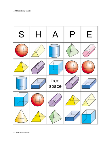 Bingo Cards: Three-Dimensional Shapes (upper elem/middle) - color