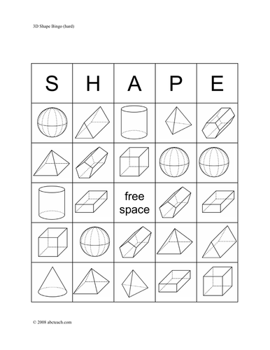 Bingo Cards: Three-Dimensional Shapes (upper elem/middle) - b/w