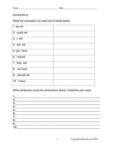 Worksheets: Contractions (elem)