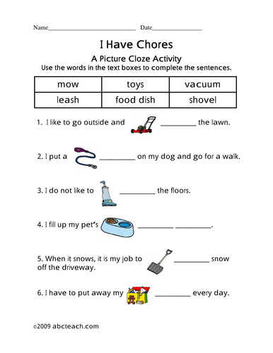 Worksheet: Picture Cloze - Chores (elem)