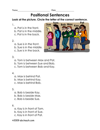 Worksheet: Picture Sentences - Positions 1 (primary/ESL)