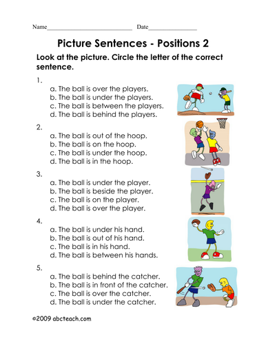 Worksheet: Picture Sentences - Positions 2 (primary/ESL)
