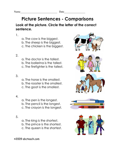 Worksheet: Picture Sentences - Sizes (primary/ESL)