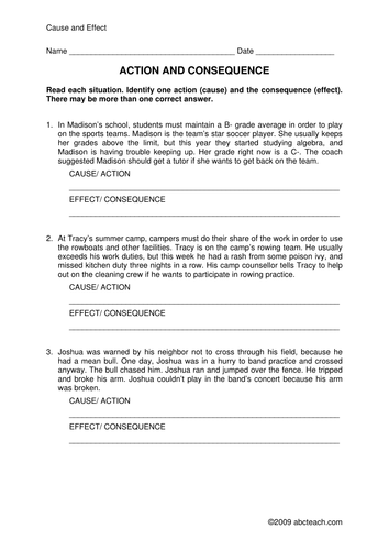 Worksheets: Actions and Consequences (upper elem)