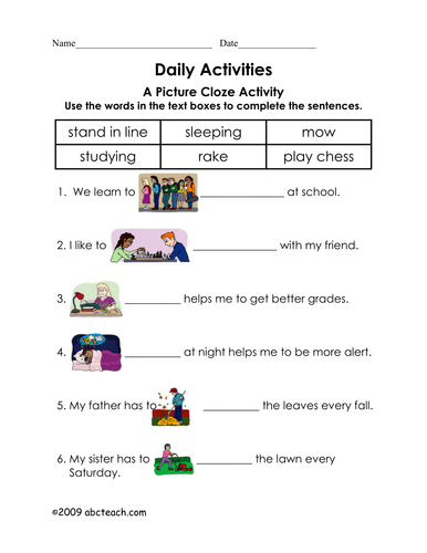 Worksheet: Picture Cloze - Daily Activities (elem)