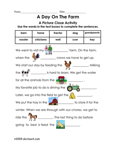 Worksheet: Picture Cloze - Farm Story (elem)