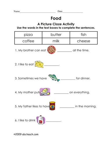 Worksheet: Picture Cloze - Food (elem)