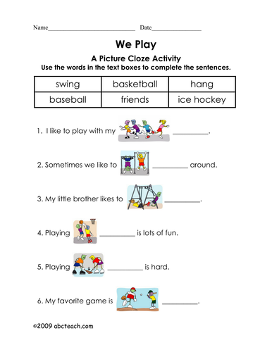 Worksheet: Picture Cloze - Play (elem)