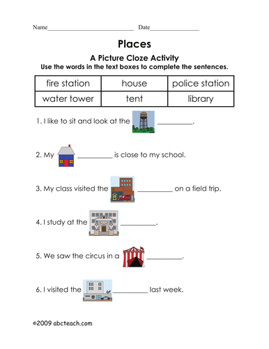 Worksheet: Picture Cloze - Community Places (elem)