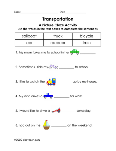 Worksheet: Picture Cloze - Transportation (elem)