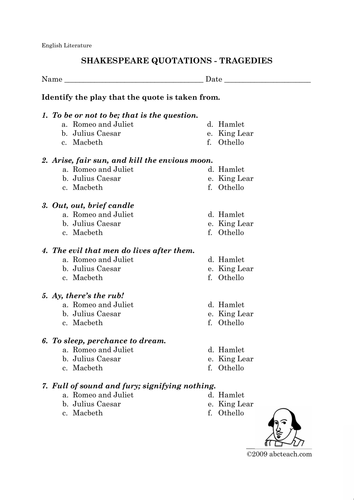 Worksheets: Shakespeare's Tragedies - quotes (middle school/high school)