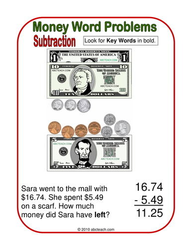 Poster: Math Subtraction Money Word Problems  (primary/elem)