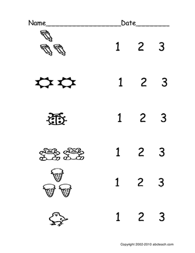 Worksheet: Count Groups of Objects 1-3 (ver 1) (pre-k/primary)