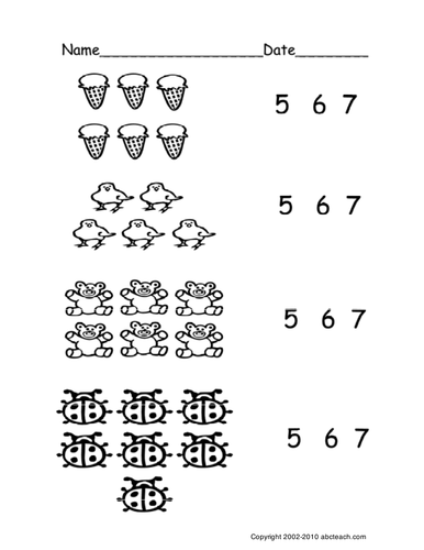 Worksheet: Count Groups of Objects 5-7 (ver 1) (pre-k/primary)