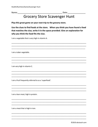 Game: Nutrition-Grocery Store Scavenger Hunt (upper elem/middle)