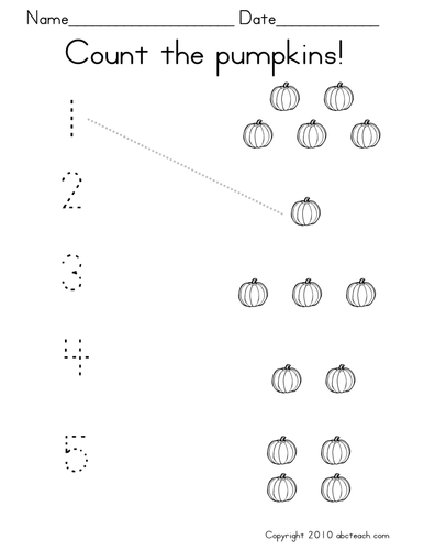 Math: Counting with pictures: Set 1 pumpkins (prek-1)