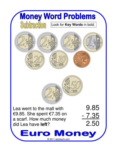 Euro Math Posters: Subtraction with Euro Coins (upper elem/middle)