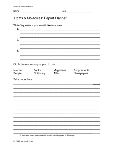 Science Report Planner: Atom & Molecule (elem/upper elem)