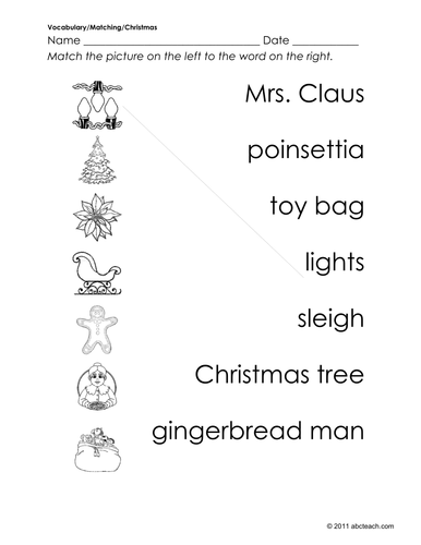 Matching: Christmas Pictures to Words Set 2 (preschool)