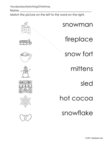 Matching: Winter Pictures to Words (preschool)