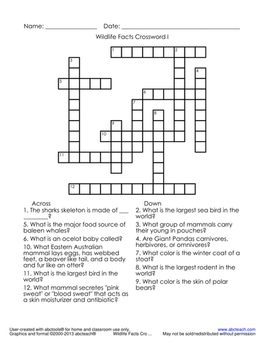 Crossword: Wildlife Facts 1 (upper el/middle)