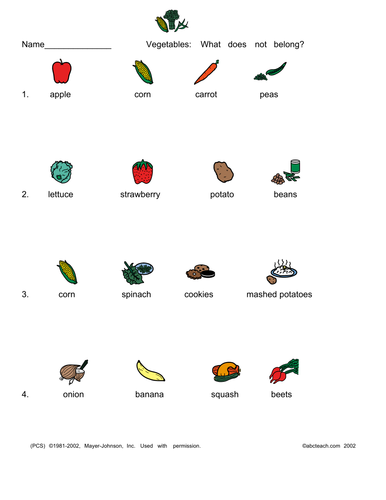 Worksheet: What does not belong? (vegetable theme)