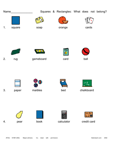 Worksheet: What does not belong? ("squares and rectangles" theme)