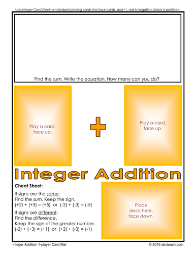 Math Game: Integer Addition Card Mat (1-player)
